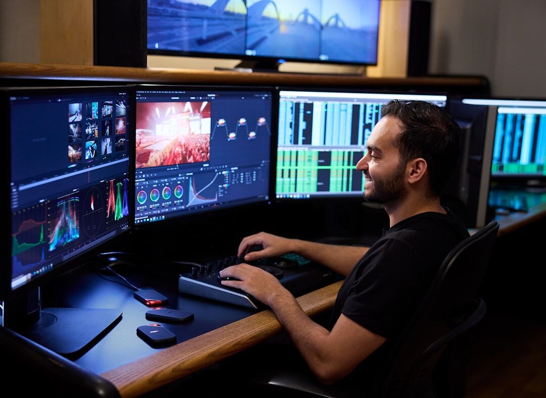 Software developer coding on multiple monitors with colorful code on screen